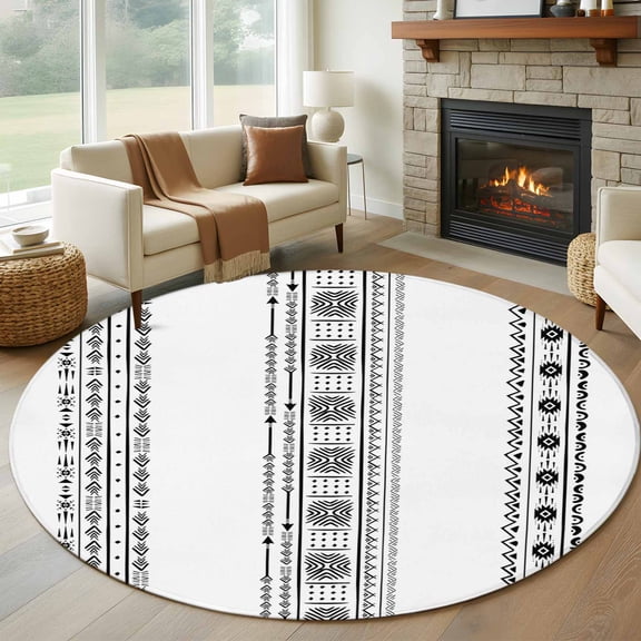 Black Geometric Round Area Rug 6 FT, Non Slip Bedroom Area Rug, Boho Lines White Modern Abstract Art Washable Soft Circular Carpet Floor Mat for Kitchen Dining Room Home Office Kids Room