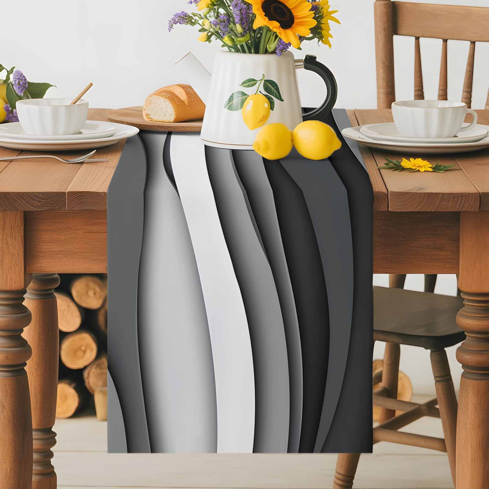 Gray Gradient Abstract Geometric Table Runner 90 Inches Long, Water Ripples Table Runners Tabletop Scarf Kitchen Dining Tables Decoration for Home Party Indoor Outdoor