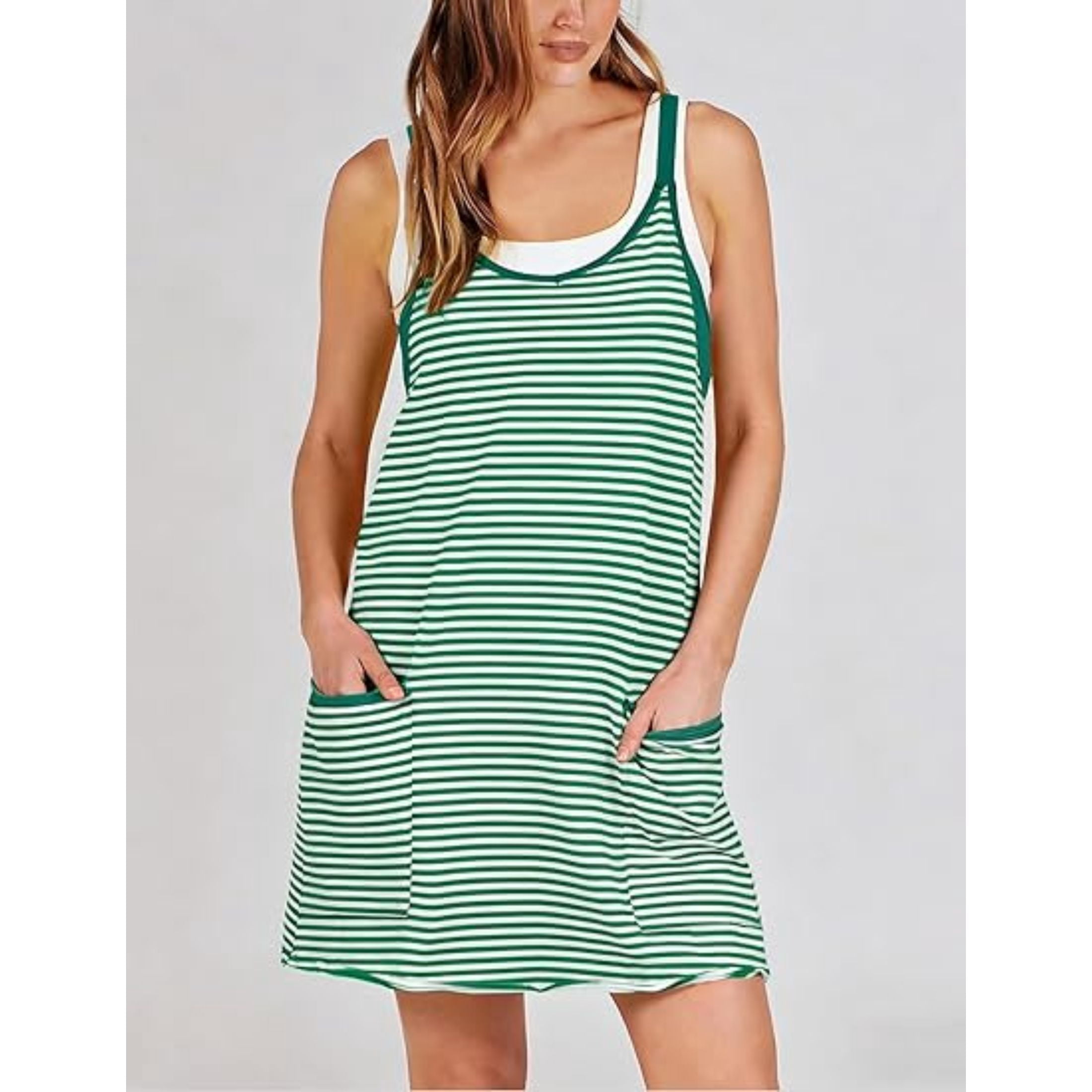 Women's Summer Striped Athletic Tennis Mini Dress Sleeveless Built-in Shorts Workout Vacation Sundress