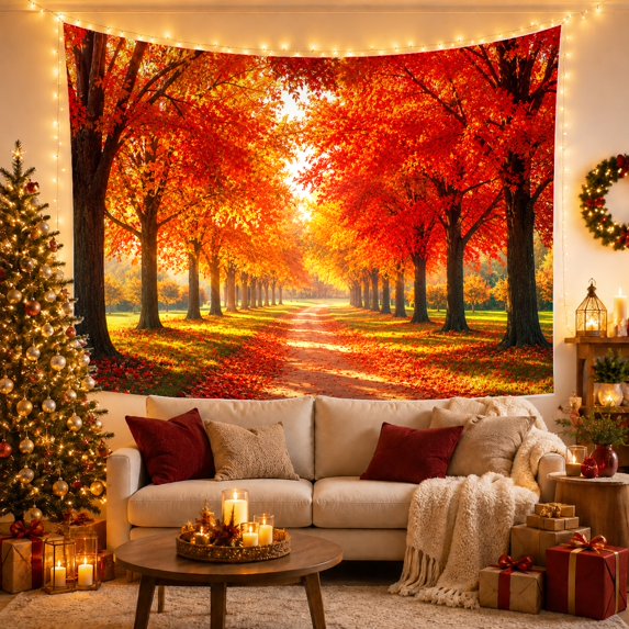 Autumn Tree-Lined Path in a Golden Forest, Serene Rustic for Nature Lovers, Forest Trail Art Decor, Housewarming Gift, Tapestry Wall Hanging for Bedroom and Living Room