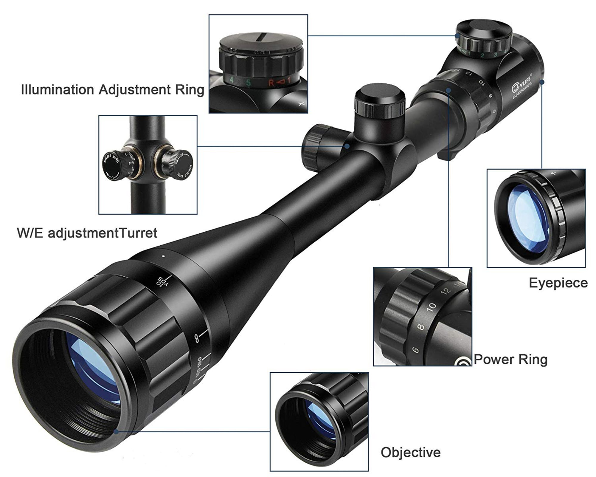 6-24x50 Aoe Riflescope Adjustable Green Red Dot Hunting Light Tactical Scope