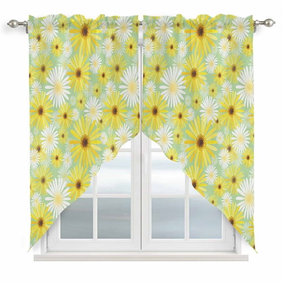 Farmhouse Daisy Swag Curtains for Kitchen/Bedroom/Living Room, Spring Watercolor Yellow White Floral Green Scalloped Curtains 63 Inch Long, Window Swag Topper Curtains Valances 2 Panels Set 36"x63"