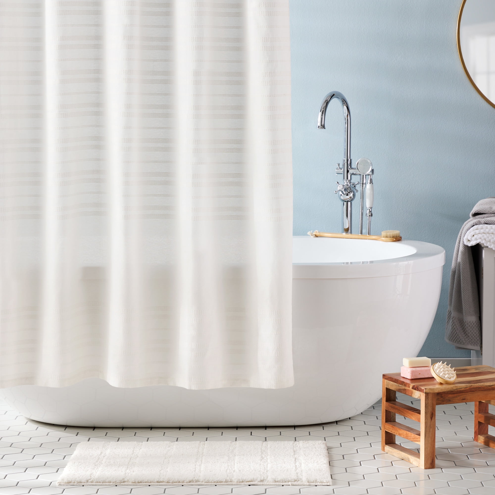 TOWN & COUNTRY EVERYDAY Sophia Textured Solid Cotton-Rich Breathable Fabric Shower Curtain with Reinforced Buttonhole Top Hem, White, 70"x72"