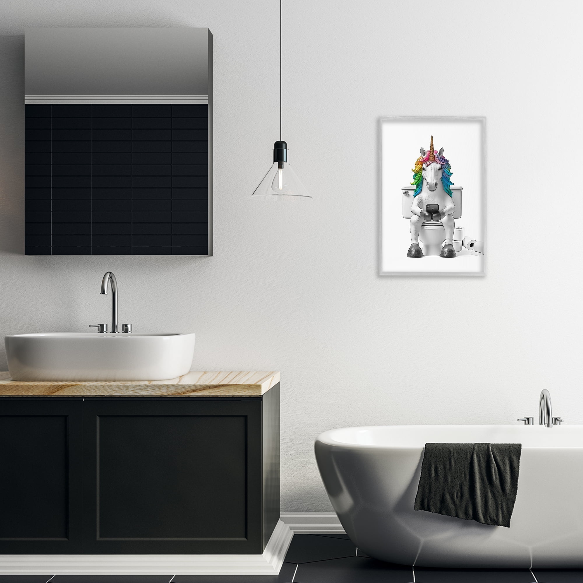 Stupell Industries Unicorn Texting on Toilet Typography Painting Gray Framed Art Print Wall Art, 16 x 24