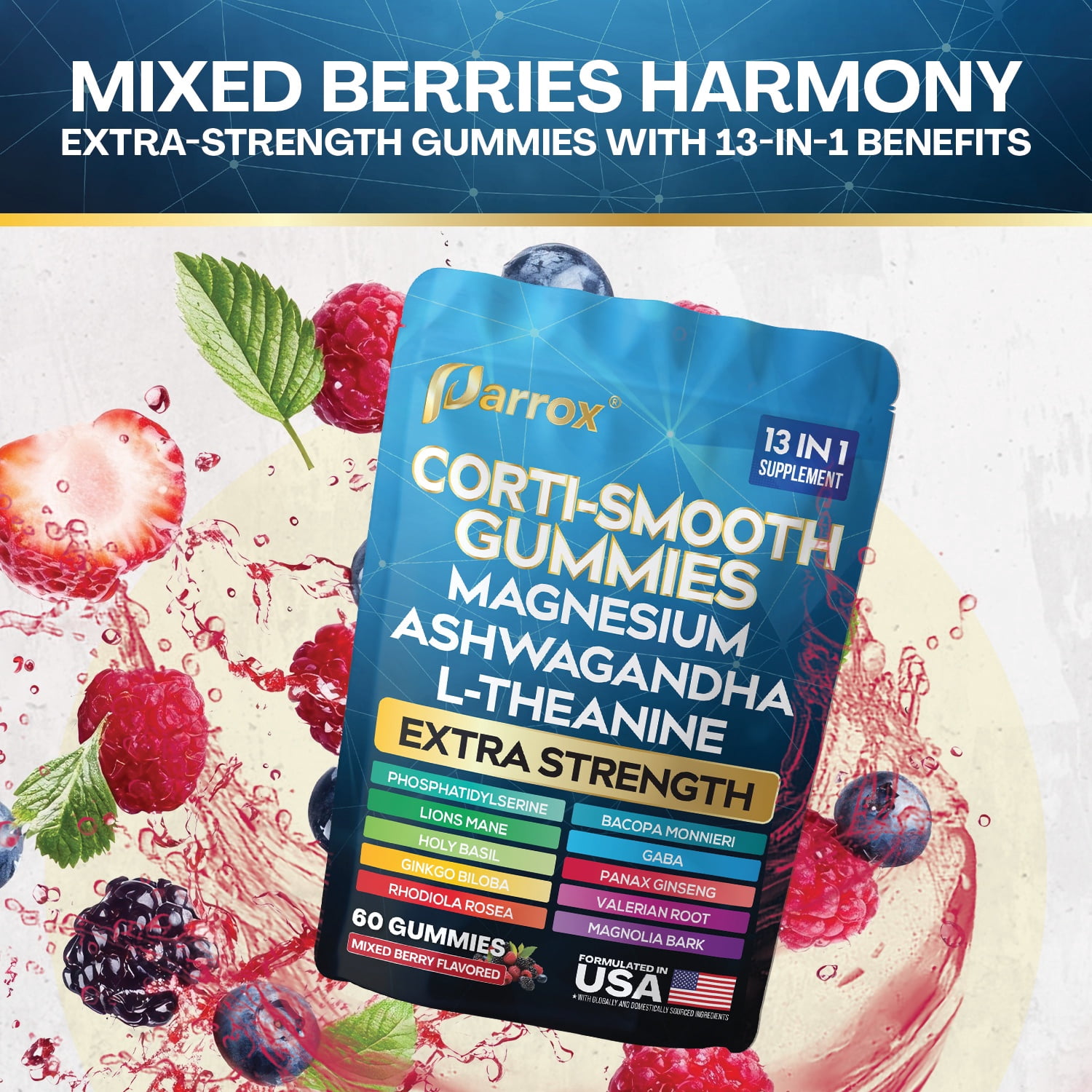 Parrox Corti-Smooth Cortisol Support Gummies with Magnesium, L-Theanine, Ashwagandha, Phosphatidylserine, Bacopa Monnieri, Lions Mane, Ginkgo Biloba, Valerian Root (Mixed Berry Flavor - 3 Pack)