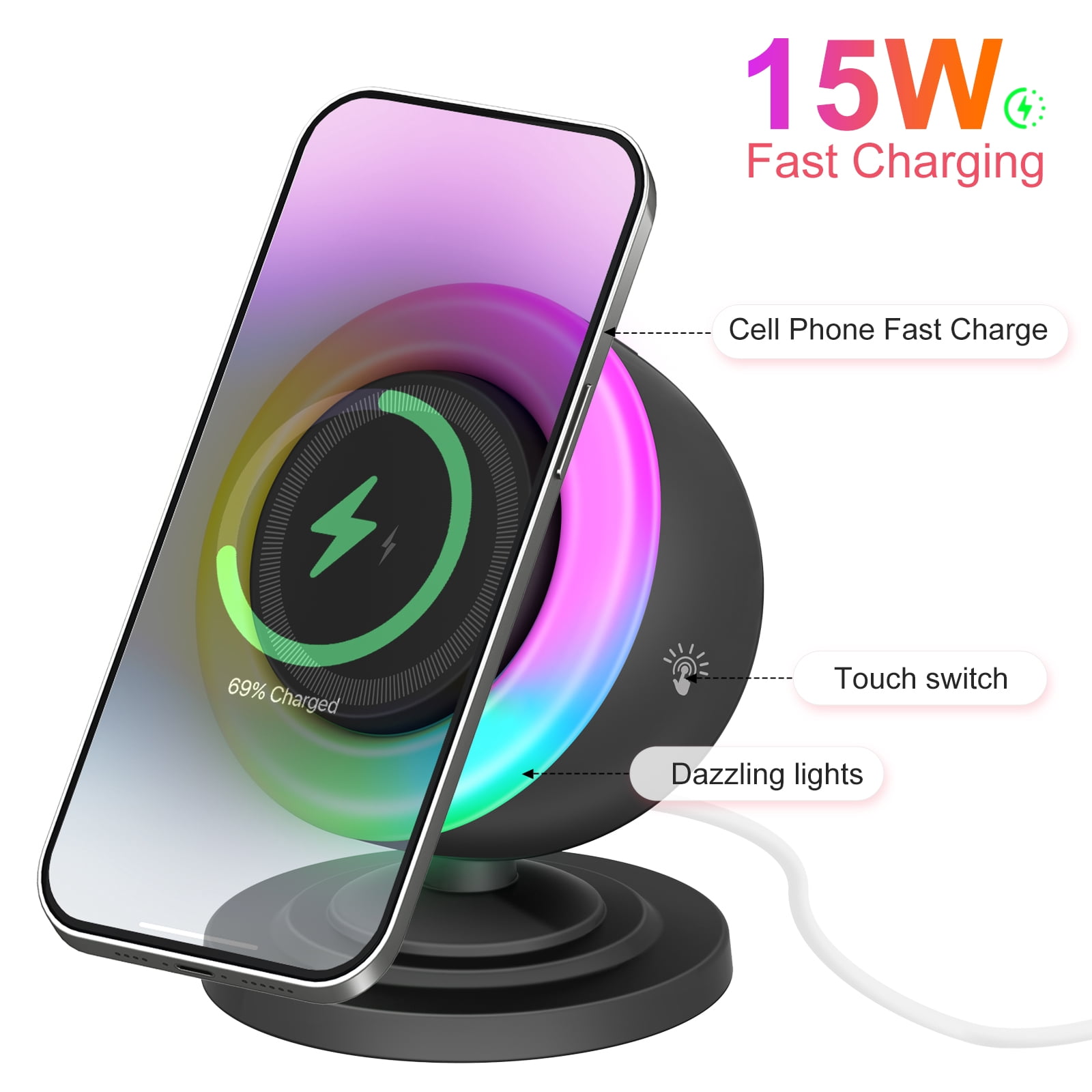 Charging Station, Bluetooth Speaker, 3 in 1 Wireless Charger for iPhone 17e 17 16 15 14 13 12 Series, Phone Stand for Samsung Series, with RGB light, Perfect Gift for Family Party, Black