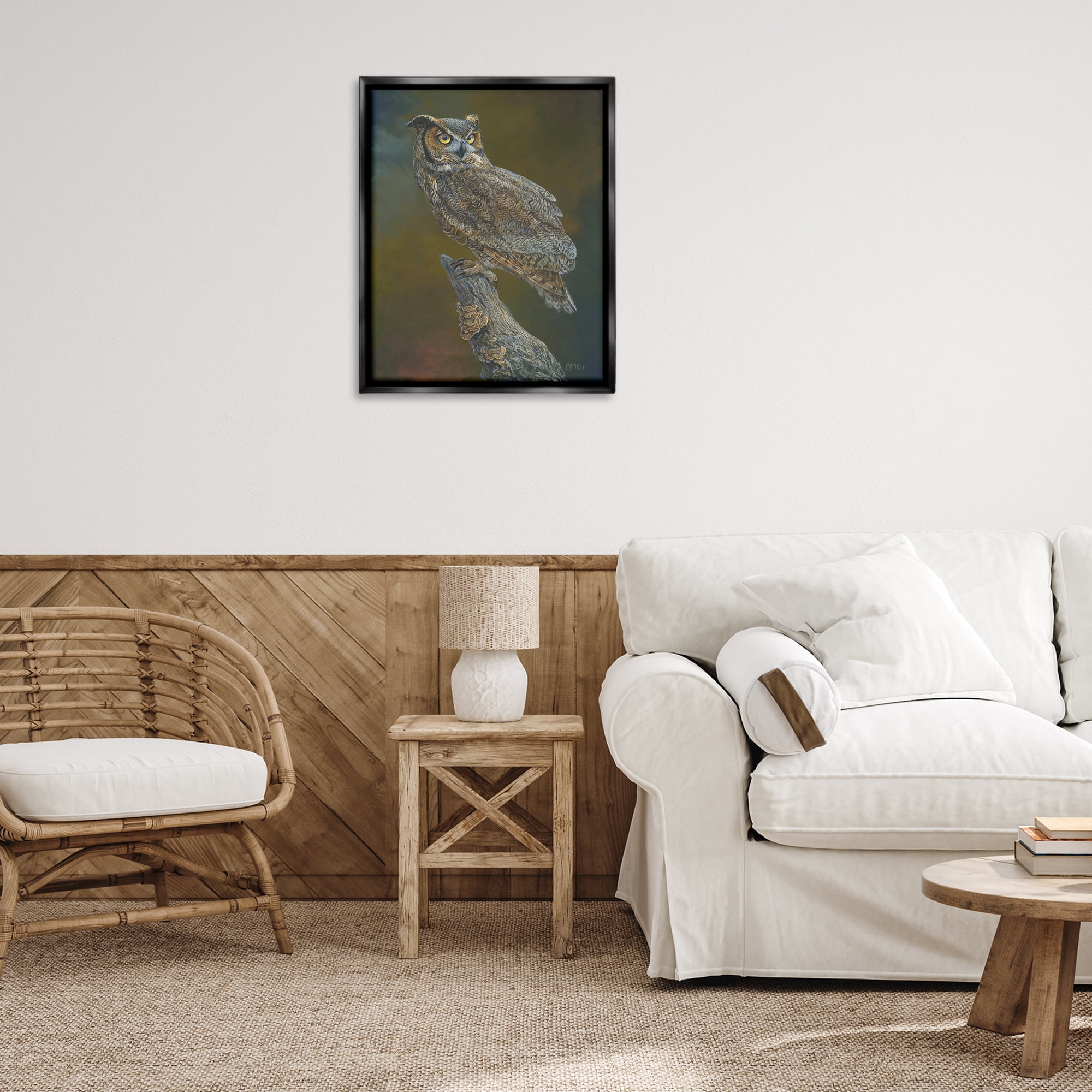 Stupell Industries Great Horned Owl on Branch Animals Painting Black Floater Framed Canvas Art Print Wall Art, 25 x 31