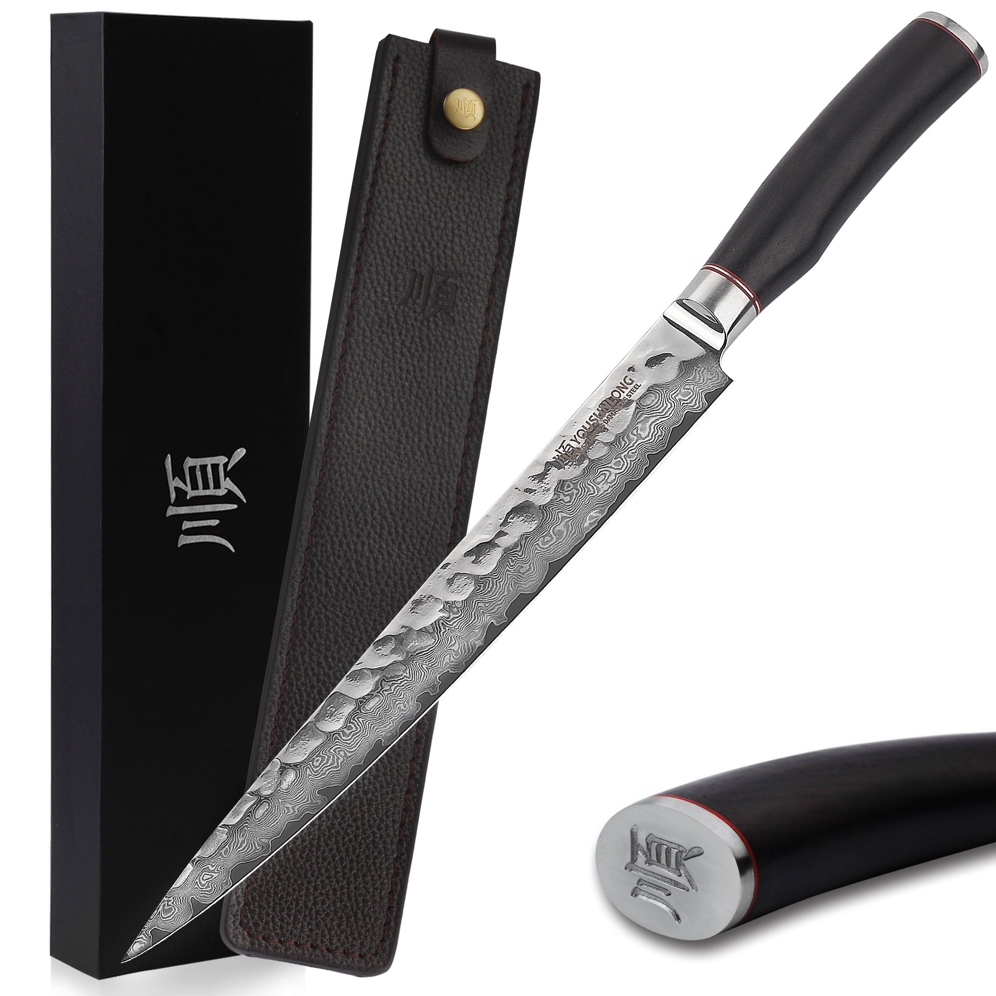 YOUSUNLONG Fillet Knife Pro 10 inch Sashimi Knife Japanese Hammered Damascus Steel Natural