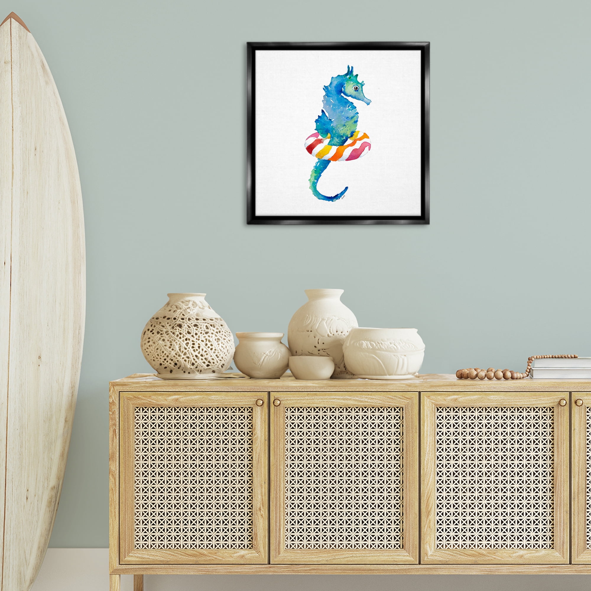 Stupell Industries Summer Float Seahorse Novelty Painting Black Floater Framed Canvas Art Print Wall Art, 25 x 25