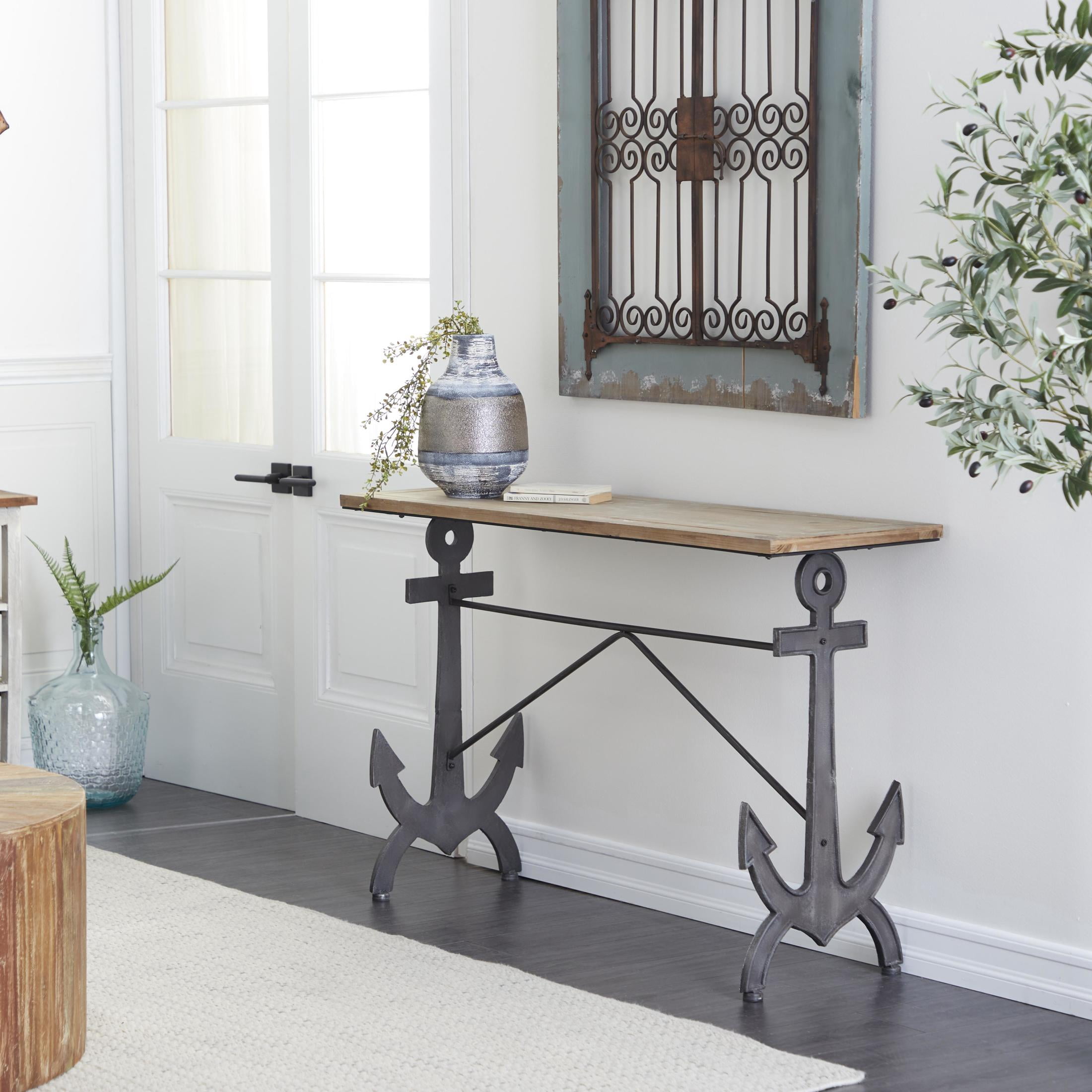 DecMode Brown/Black Coastal Rectangular Metal Console Table with Metal Anchor Shaped Base, 48"W x 31"H