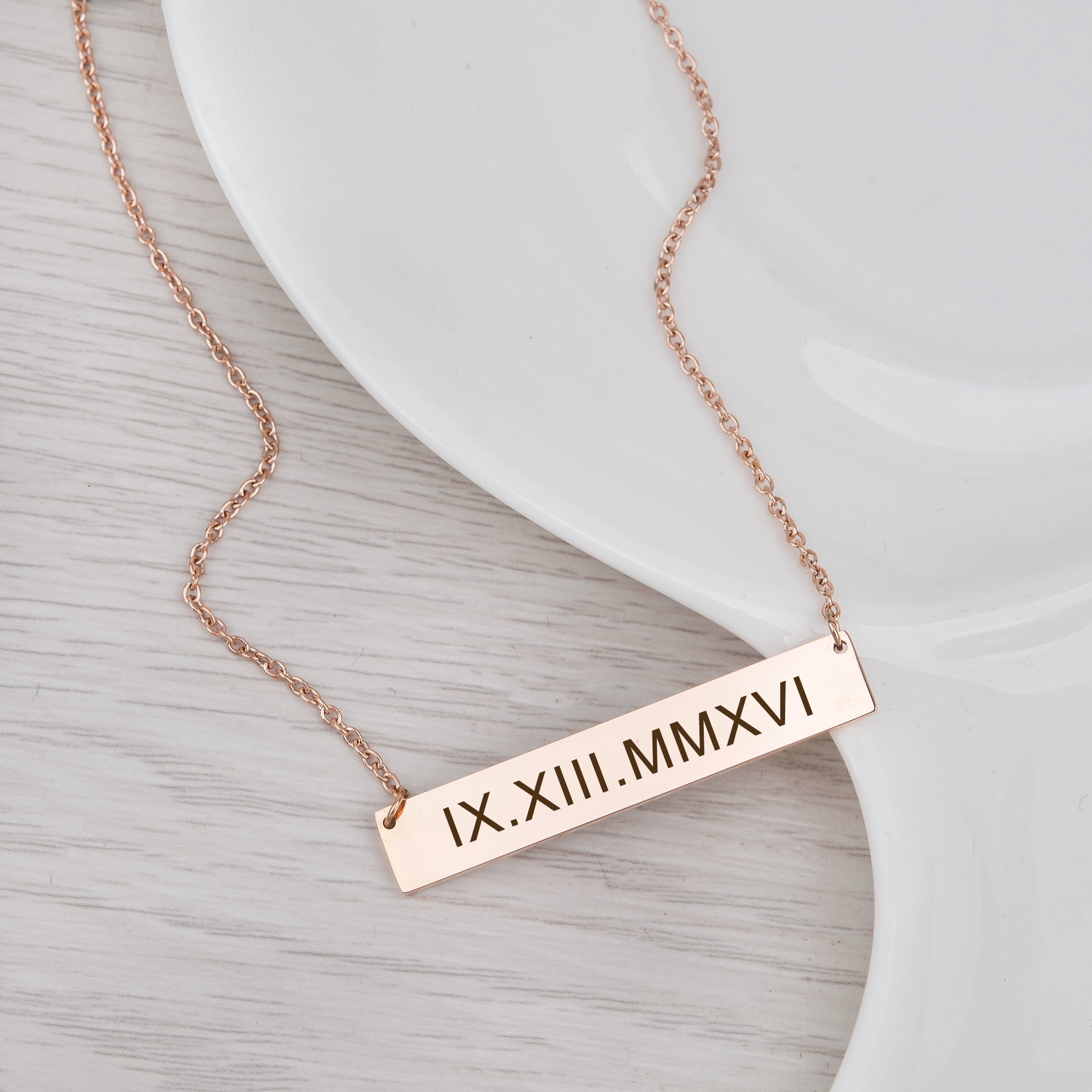Personalized Birthday Day Gift for Mom Women's Stainless Steel Rose Gold Horizontal Name Necklace Bar Engravable Gift for Girlfriend Wife Free Jewelry Gift Box Ships Next Day
