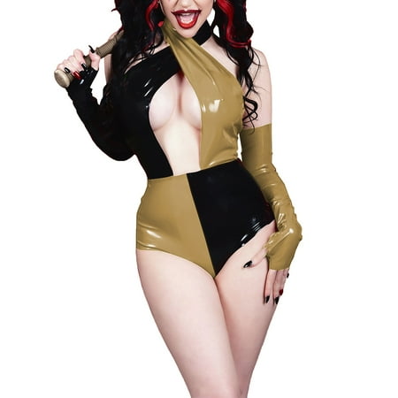 Sexy Halter Backless Shiny PVC Leather Bodysuit with Gloves Female Carnival Party Clothing Patchwork Rompers