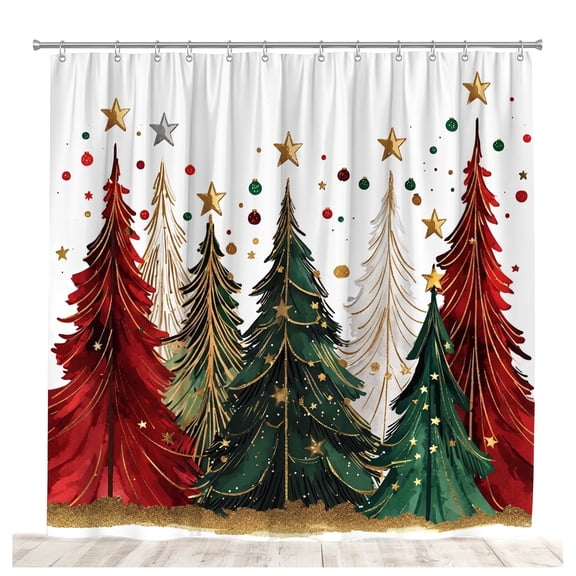 Unfmouf Christmas Shower Curtain Set, Festive Christmas Tree and Star Design, 72"x72" with 12 Hooks for Bathroom Holiday Decor