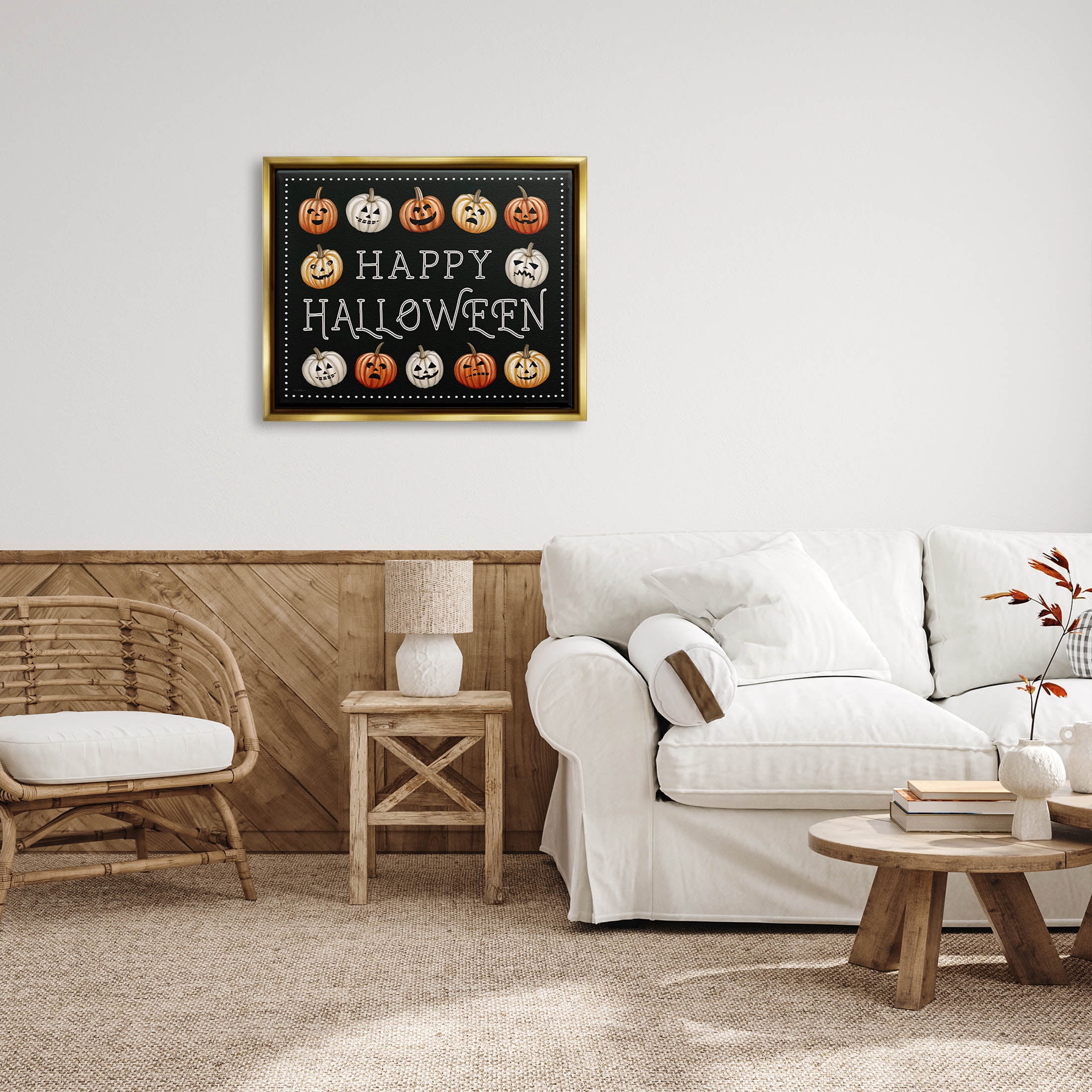Stupell Industries Happy Halloween Jack-o-Lanterns Graphic Art Metallic Gold Floating Framed Canvas Print Wall Art, Design by Elizabeth Tyndall