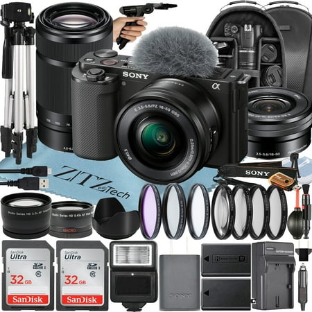 Sony Alpha ZV-E10 Mirrorless Vlog Camera With 16-50mm Lens + 55-210mm Lens + 2 Pack 32GB Memory Card + Flash + Tripod + Backpack + ZeeTech Accessory Bundle (Black)