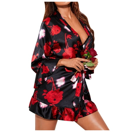 

fvwitlyh Women Pajamas Gown Heart-Shaped Women Satin Set Dressing Underwear With Belted Sheer Pajamas Robe for Women