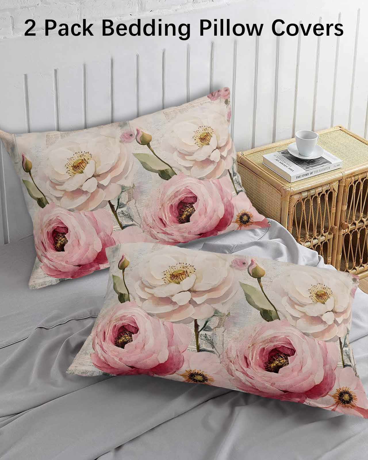 Pink White Spring Floral Pillow Covers Queen Size 2 Pack, Vintage Flowers Watercolor Soft Bed Throw Pillowcases Breathable Cooling Long Lumbar Body Pillow Sham Cover for Bed Sofa 20''x30''