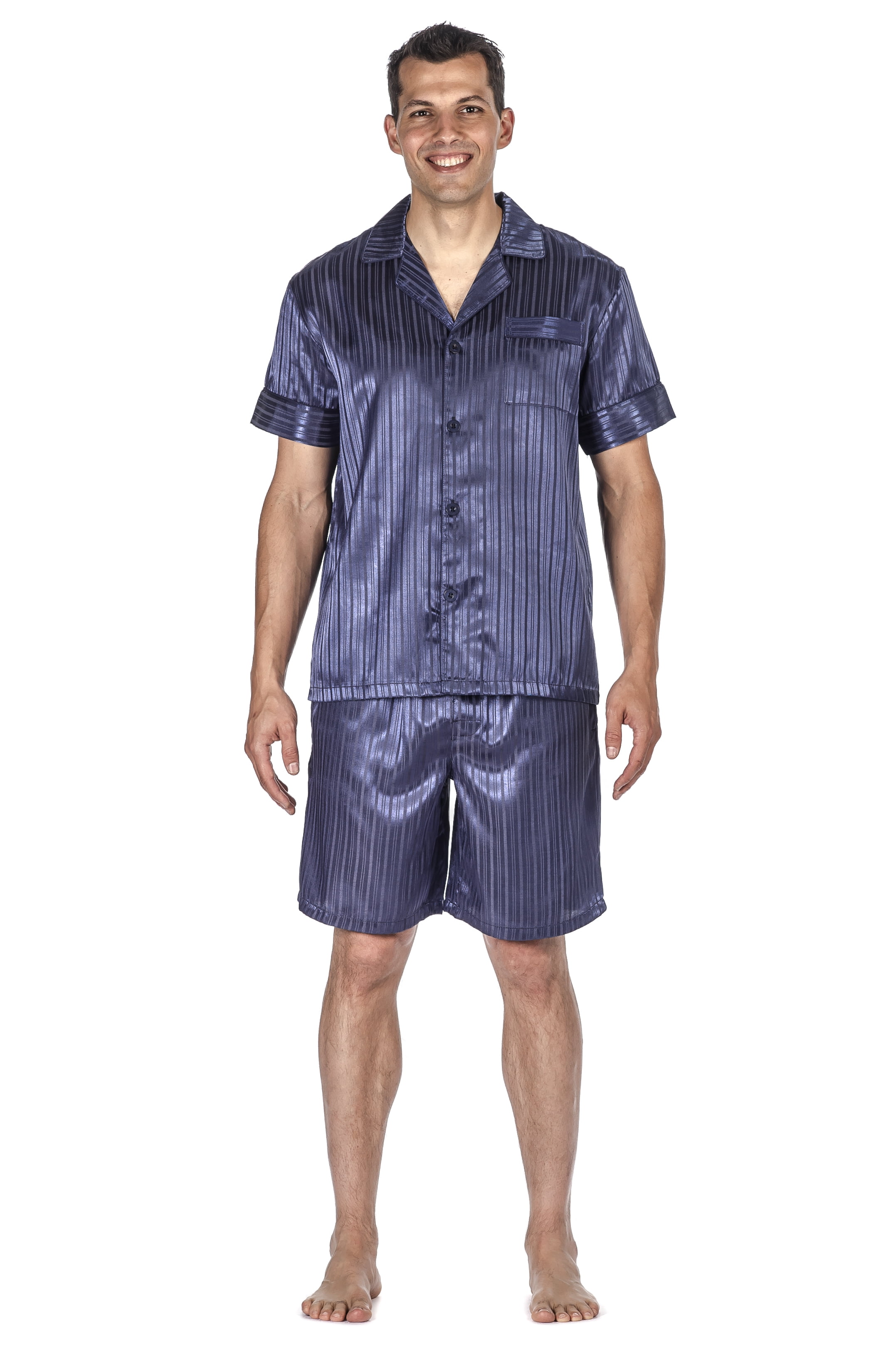 Mens Short-Sleeved Pajamas Shorty pj Set to Button Through in Noble Stripe Look