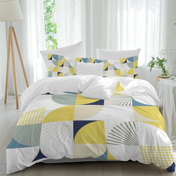 3 Piece Yellow Geometric Duvet Cover Set Queen Size,Microfiber Comforter/Quilt Cover with Corner Ties and 2 Pillowcases,Middle Century Modern Abstract Art All Season Soft Bedding with Zipper Closure