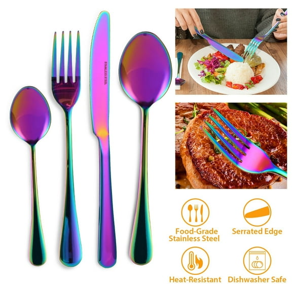 Moclever Silverware Set of 4, Stainless Steel Kitchen Utensil Set with Fork Knife Tea Spoon,Colorful