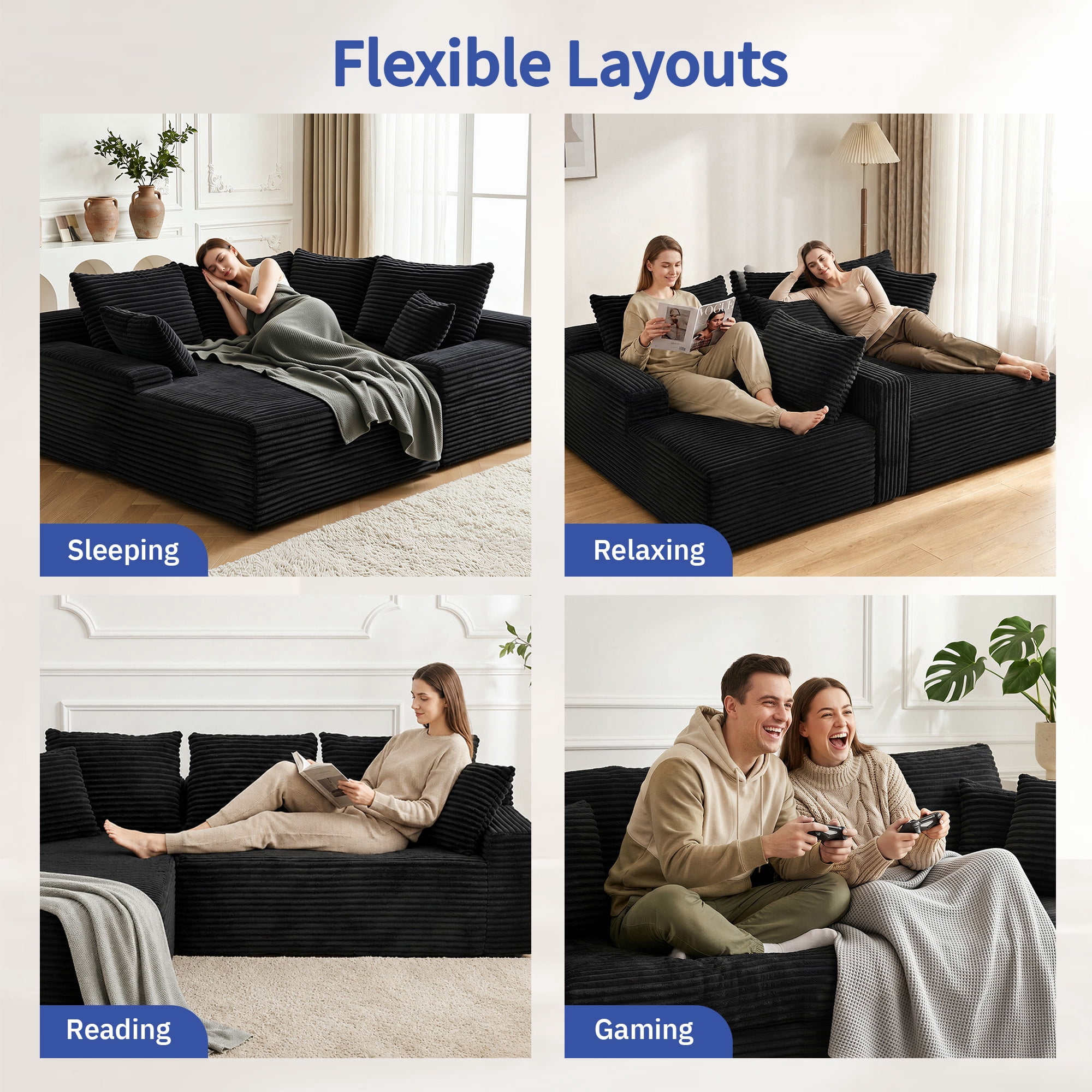 Leumius 95" Boneless Modular Sectional Sofa with Chaise,L-Shaped Comfy Corduroy Couch with Deep Seat,Upholstered Sectional Couch for Living Room, No Assembly,Black