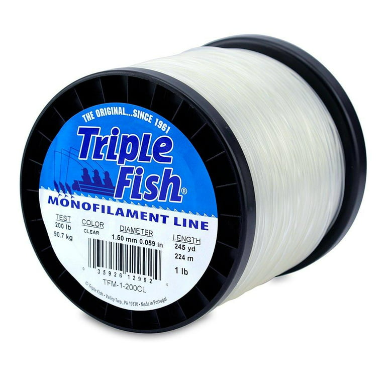 Triple Fish Mono Line, 200 lb (90.7 kg) test, .059 in (1.50 mm) diam,  Clear, 1 lb (0.45 kg) Spool, 245 yd (224 m)