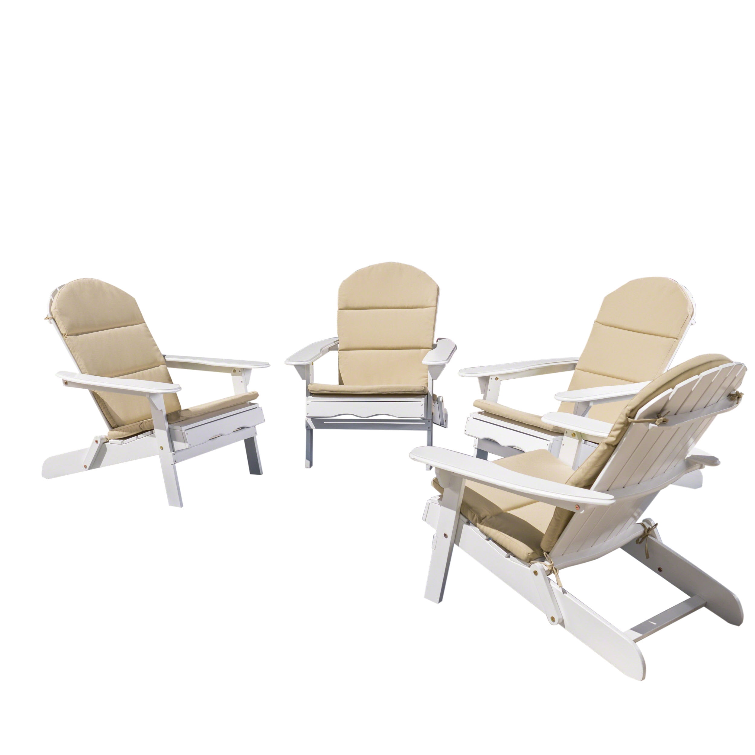 Ariel Outdoor Acacia Wood Folding Adirondack Chairs with Cushions (Set of 4), White and Khaki