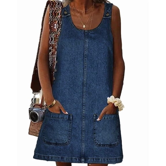 Women Sleeveless Denim Overall Dress Adjustable Strap Pockets Casual A‑Line Mini Dress