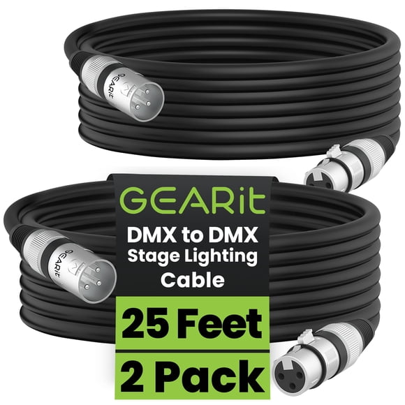 Cable de iluminación de escenario GearIt DMX a DMX de 3 pines y 25 pies, paquete de 2