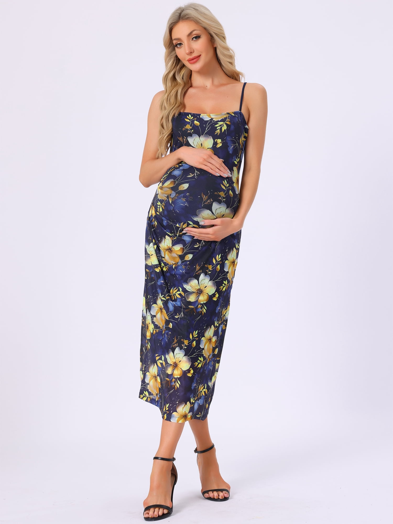 DARING DIVA Women's Mesh Ruched Side Bodycon Spaghetti Strap Maternity Dress XL Deep Blue