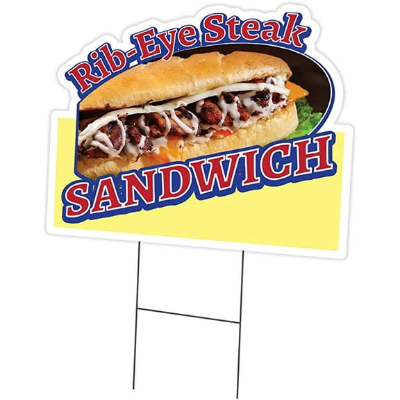 Rib-Eye Steak Sandwich 18" x 24" Yard Sign & Stake | Advertise Your Business | Stake Included Double Sided Image | Made in The USA