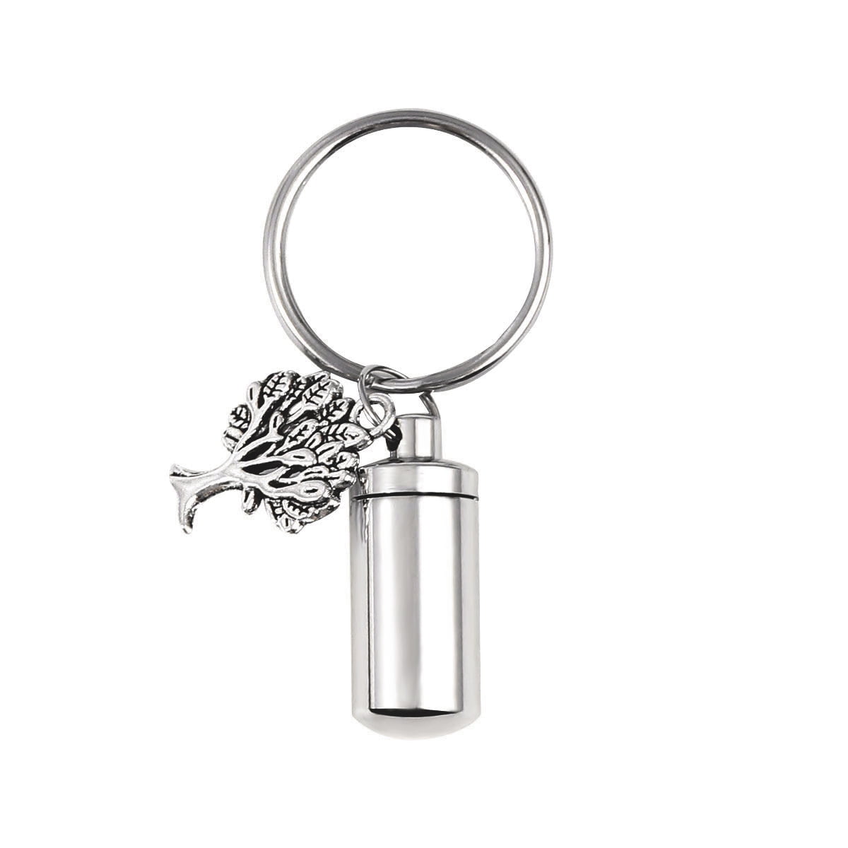 Silver Stainless Steel Cylinder Tree of Life Charm Cremation Urn Ashes Holder Container Pendant Memorial Keychain Keepsake Jewelry Key Ring with Free Funnel Kit and Velvet Jewelry Box