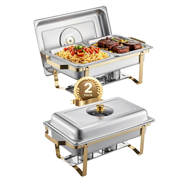 KFFKFF 2 Pack 8 Qt Chafing Dish Buffet Set, Stainless Steel Chafers and Buffet Warmers Sets with 2 Half Size Pans, Rectangular Food Warmer with Glass Cover, Water Tray, Foldable Stand and Fuel Holder