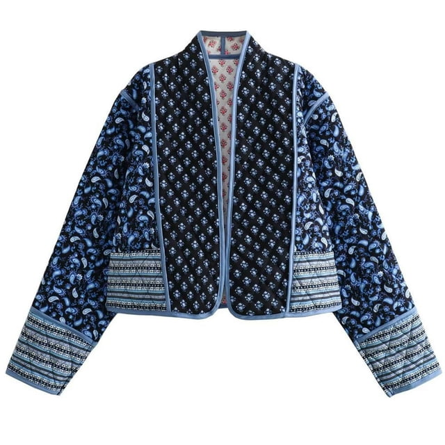 Veste Cardigan Courte Matelassée à Manches Longues Légère Imprimée Florale pour Femmes (Rose-G)