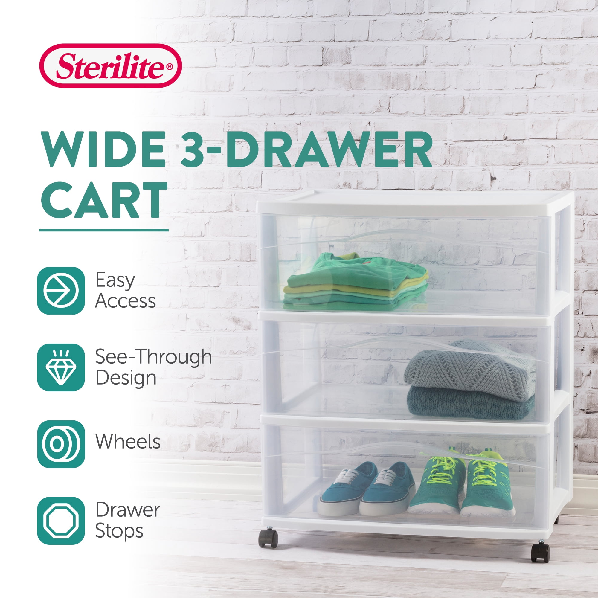 Sterilite Wide 3 Drawer Storage Cart, Plastic Rolling Organizer, White Frame