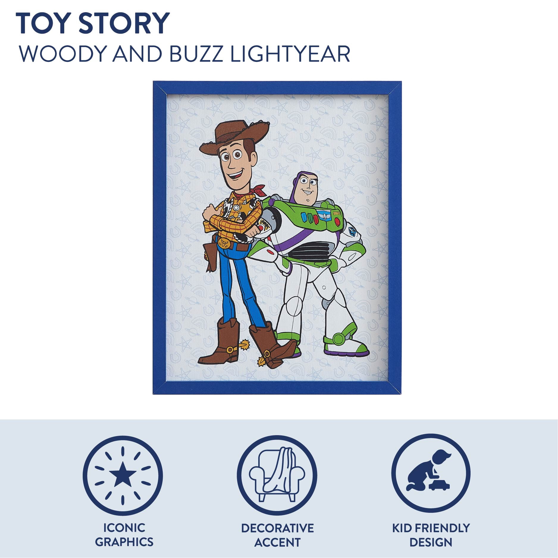 Disney Pixar Toy Story Buzz and Woody Canvas Wall Art with Blue Frame, Modern Kids Room Decor