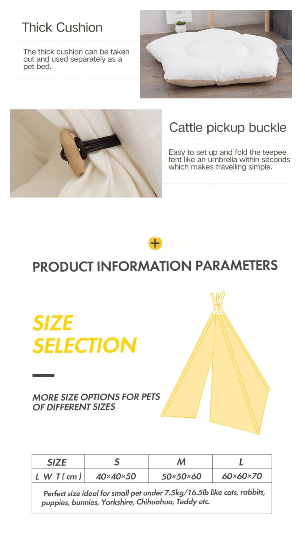 Pet Teepee Dog & Puppy Cat Tents Tipi Bed Portable Houses with Thick Cushion for Pets Up to 15lbs