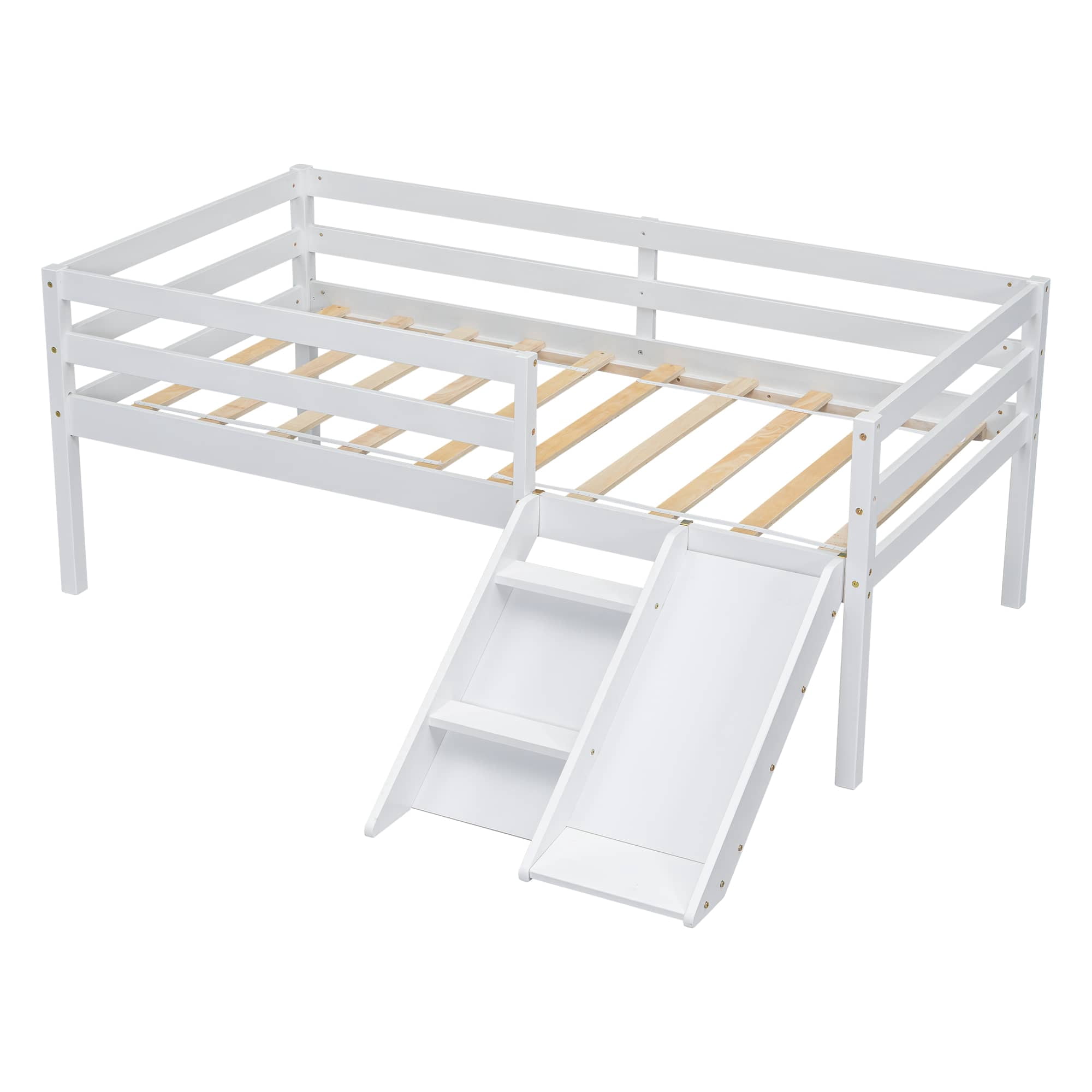MAYEERTY Twin Loft Bed with Slide, Ladder, Safety Guardrails, House Roof Frame, White