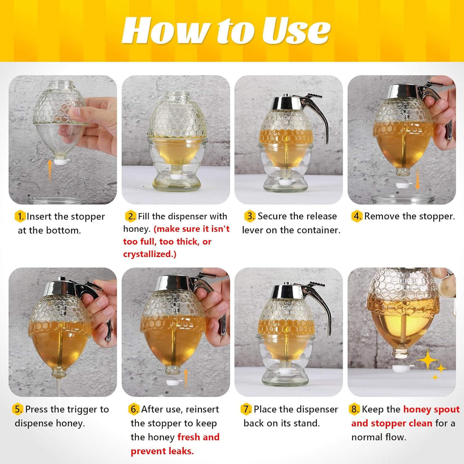 Honey Dispenser, 8oz Honey Dispenser No Drip Glass with Stand, Honey Container & Coffee Syrup Dispenser for Tea Time & Gifting, Elegant Honeycomb Honey Jar - Honey Pot Bottle for Maple Syrup Bee