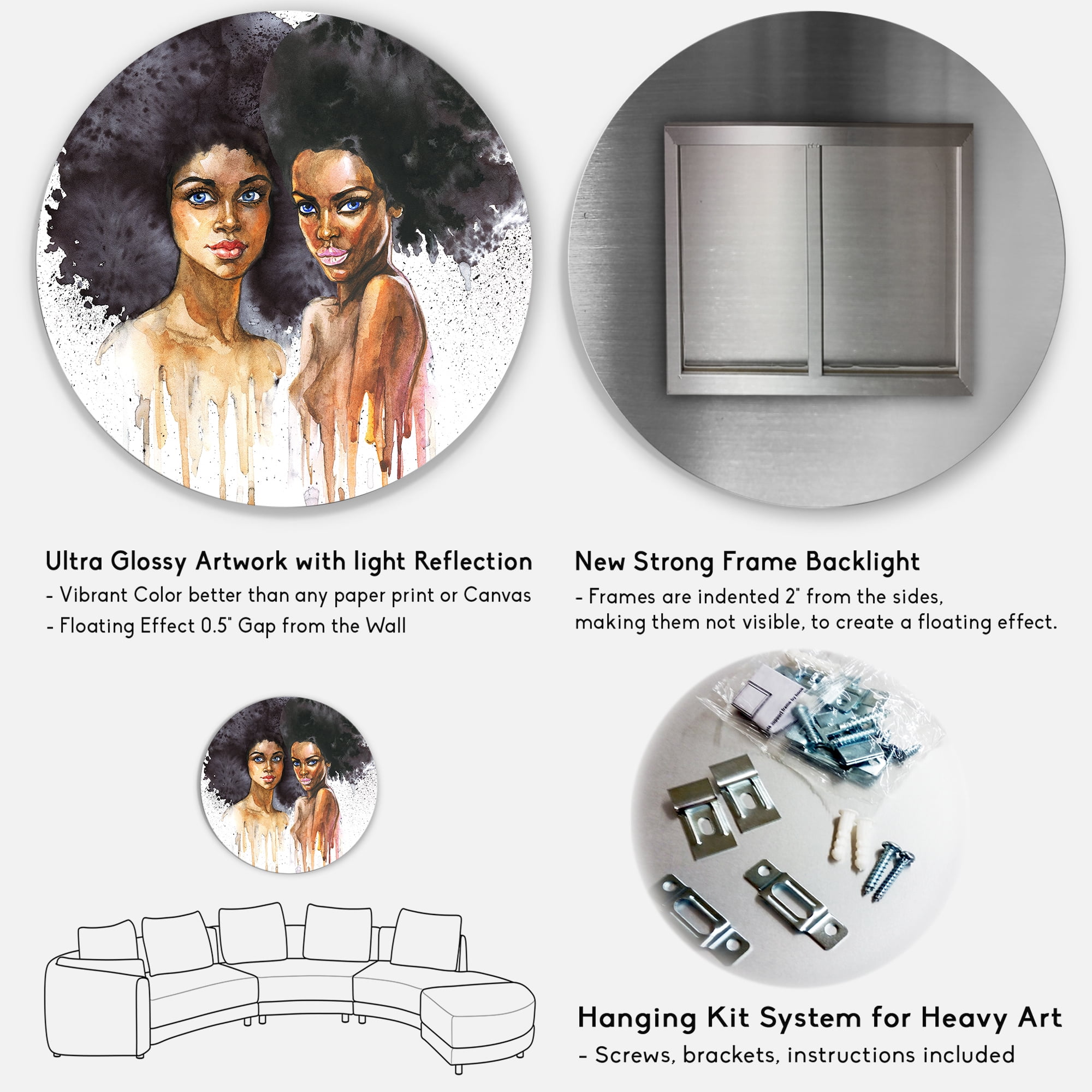 Designart 'Portrait of Two African American Women' Modern Circle Metal Wall Art 29x29 - Disc of 29