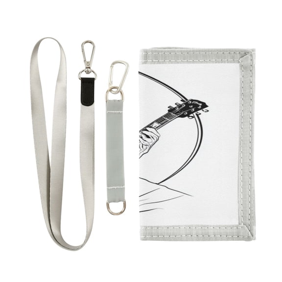 Nylon Fabric Wallet Compact Bifold With Zipper Coin Pocket Card Slots And Detachable Keychain Lanyard An Electric Guitar Player
