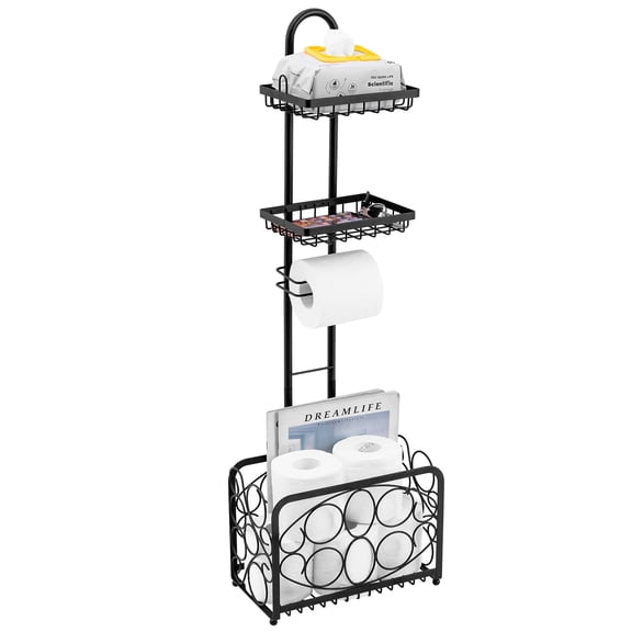 Oasis Creations Toilet Paper Holder Tissue Rack Stand with Magazine Toilet Roll Storage Basket- Freestanding, Black Metal
