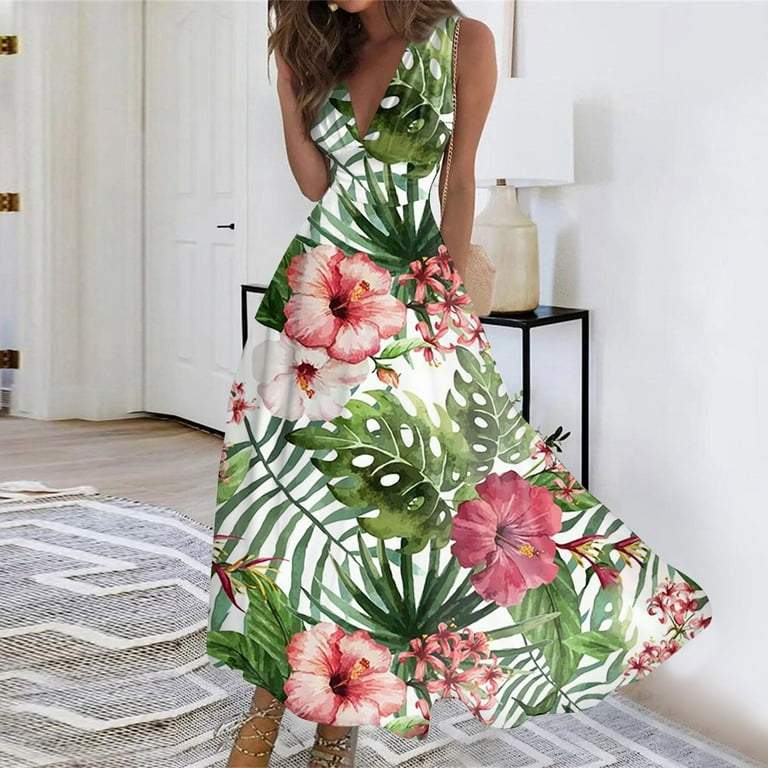 Qcmgmg Hawaiian Dress for Women Tropical Casual V Neck Beach