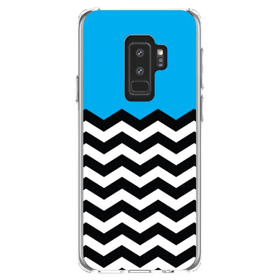 DistinctInk Clear Shockproof Hybrid Case for Samsung Galaxy S9  PLUS (6.2" Screen) - TPU Bumper, Acrylic Back, Tempered Glass Screen Protector - Black White Cyan Blue Chevron - Black & White Stripes