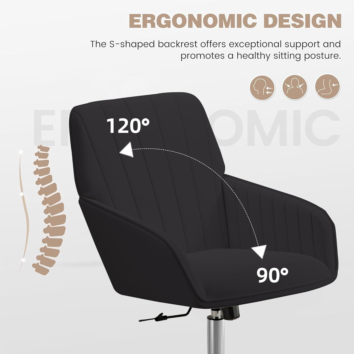 YWEN Velvet Office Desk Chair with Silver Base, with Wheels,Modern Height Adjustable 360 Degree Swivel Upholstered Vanity Chairs with Arms for Living Room Bedroom,Black