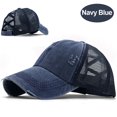 thumbnail image 4 of Malla Rasgada Algodón Lavado Cola Caballo Desgastada Con Visera Sombrero para Hombres Y Mujeres Béisbol Con Visera para El (azul Marino) [tarifa Embalaje Agregada Énfasis en Embalaje Separado], 4 of 9
