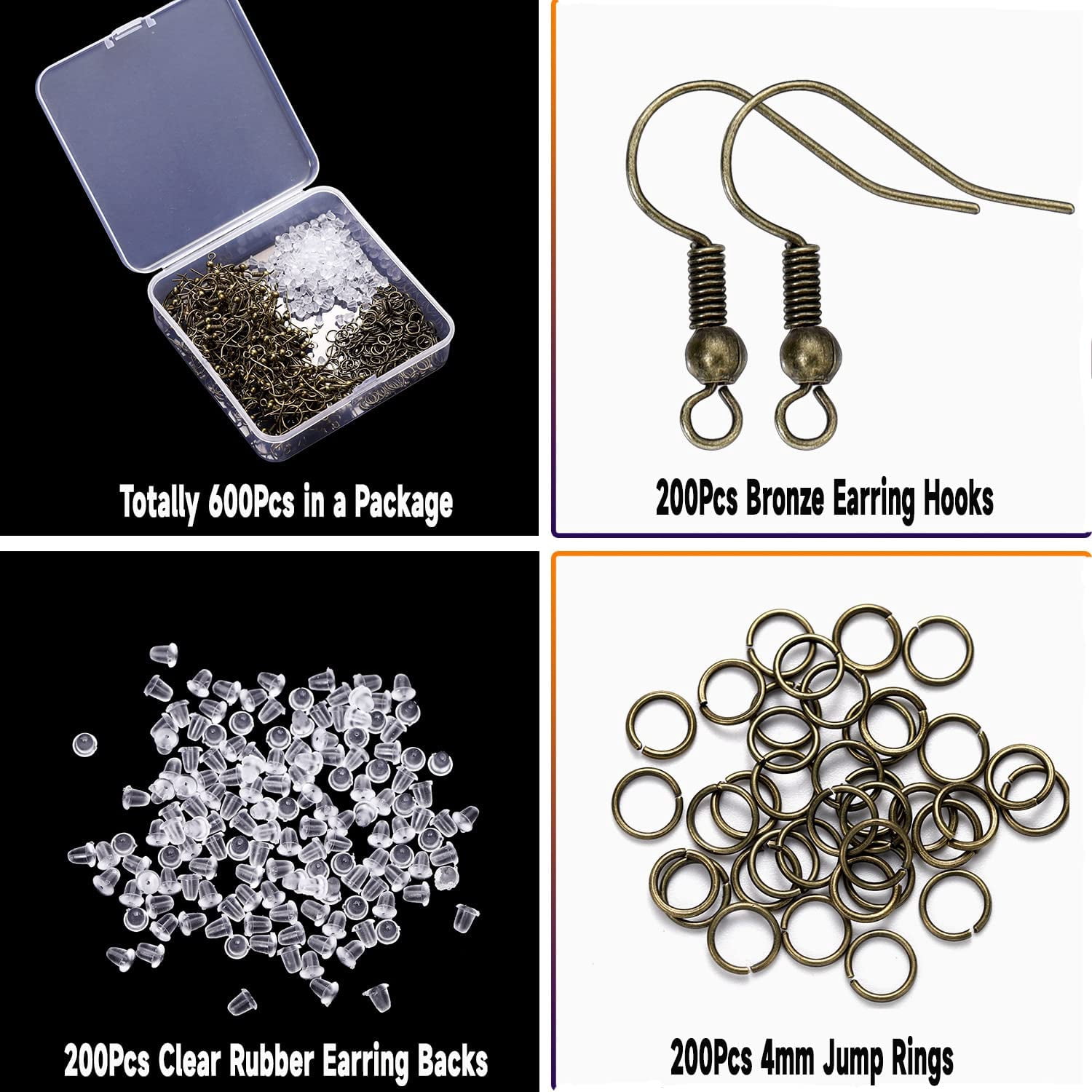 900 Pc Hypoallergenic Earring Making Kit - Hooks, Jump Rings, & Clear Backs In Gold, Silver, Bronze
