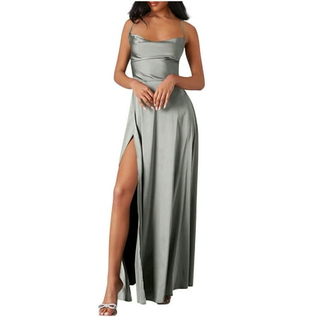 AHTJRT Satin Bridesmaid Dresses Long Formal Pleated Aline Corset Prom Slit Evening Party Gowns Gray#002 14(3XL)