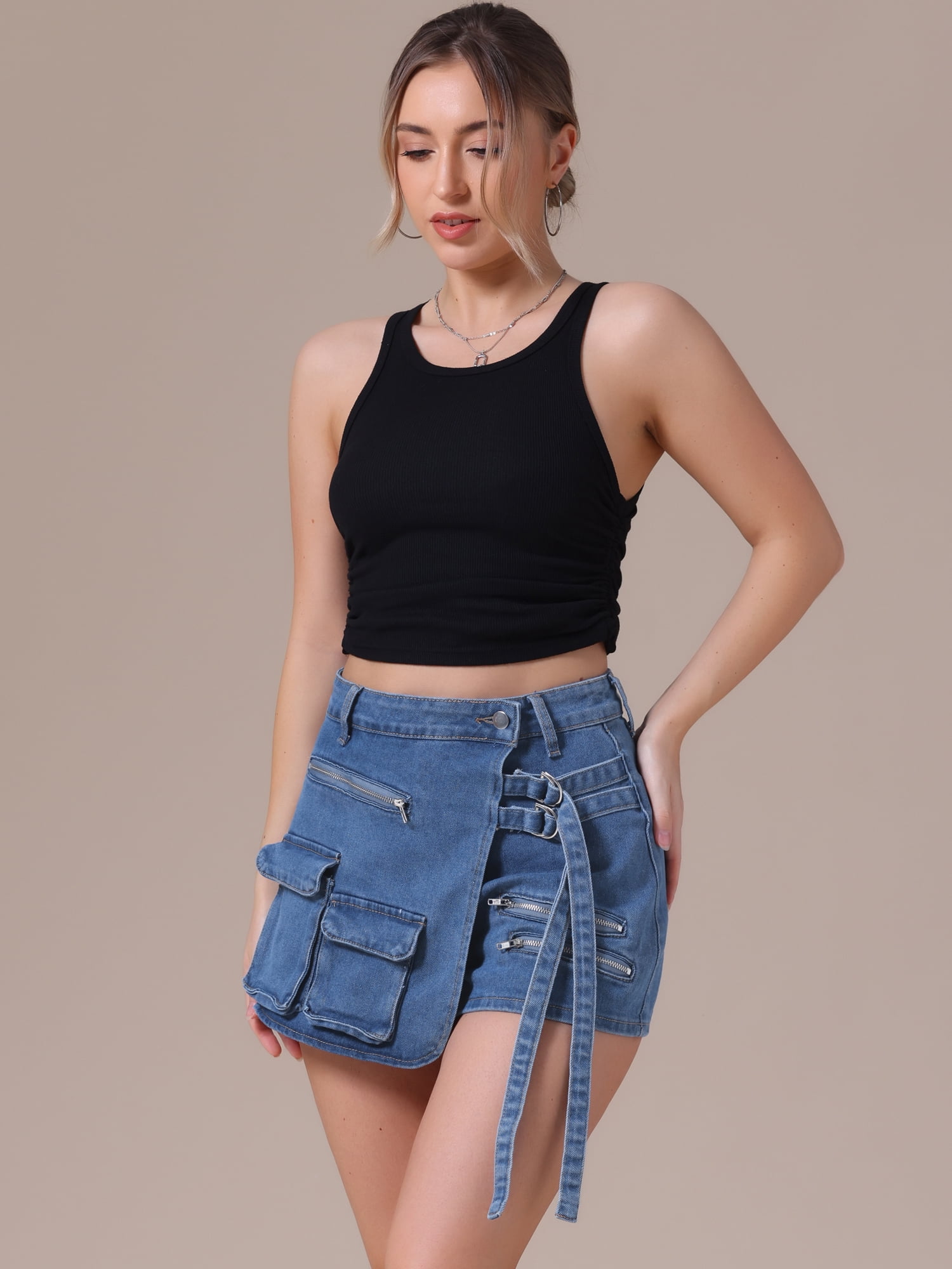 DARING DIVA Women's High Waist Western Asymmetrical Denim Cargo Skirt Shorts XL Blue