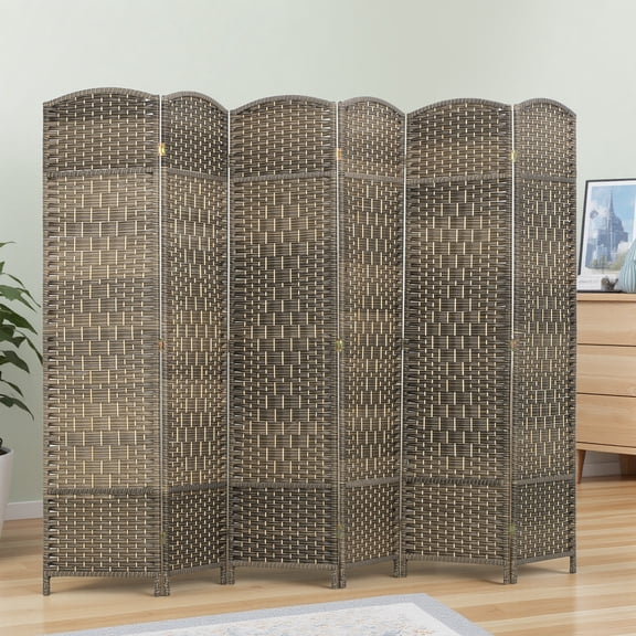 HOMCOM 6 Panel Room Divider, 6' Tall Folding Privacy Screen, Hand-Woven Freestanding Wood Partition for Home Office, Bedroom, Dark Rustic Oak